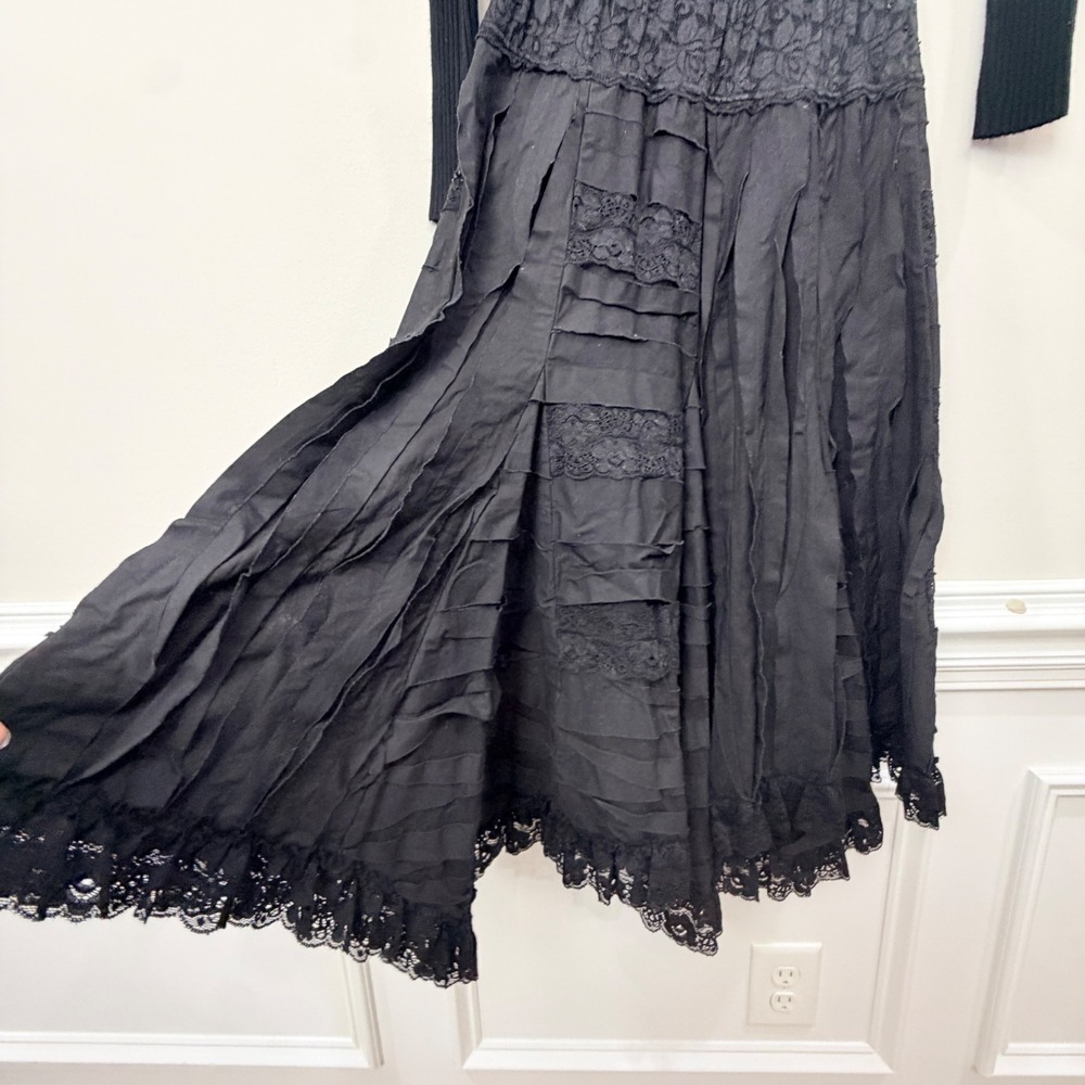 VTG CACHE Style Small Midi Dress Black LS Ribbed Knit Tiered Lace Sequin Goth - Picture 9 of 16